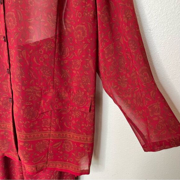 Lane Bryant Chiffon Red Floral Tunic Button Front Elastic Pant Set Women 14 16 - Picture 4 of 16
